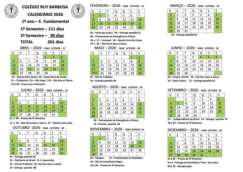 Calendário 1º Ano