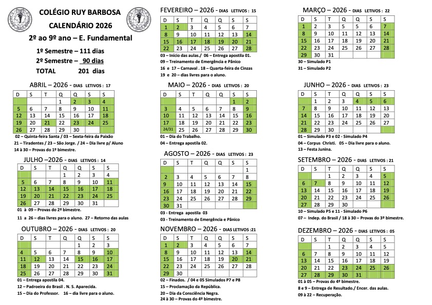 Calendário 2º ao 9º Ano