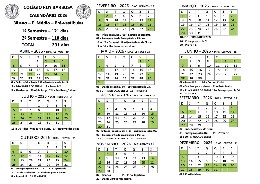 Calendário 3º Ano